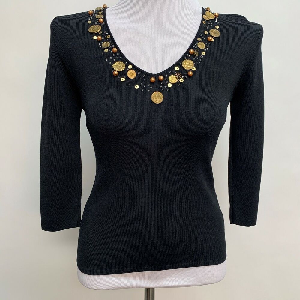 Joseph A. Women's Knit Top Small Black Beaded